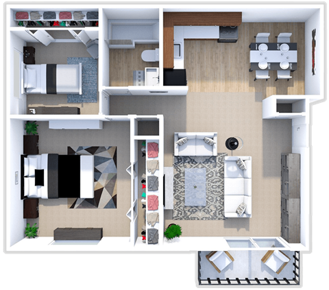 Floor plan for 2 beds, 1 bath, 968 sqft